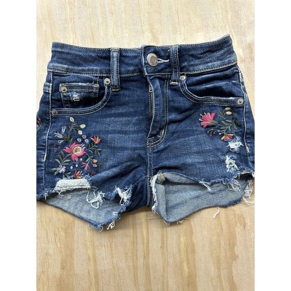 American Eagle Sz 00 Next Level Stretch Floral Hi-Rise Shortie Denim Jean Short - Picture 1 of 7